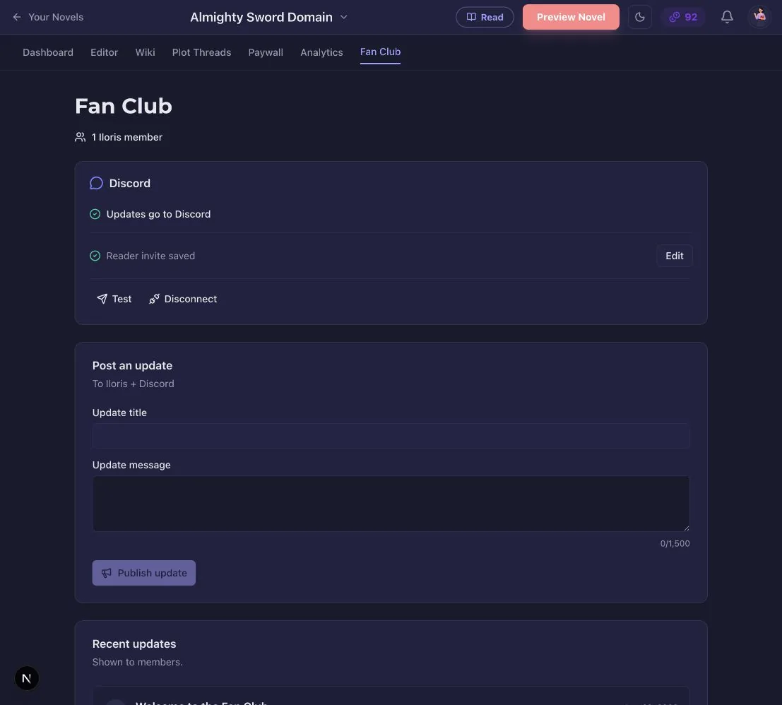 The author Fan Club dashboard with the Iloris member count, Discord connection, reader invite, and announcement composer.