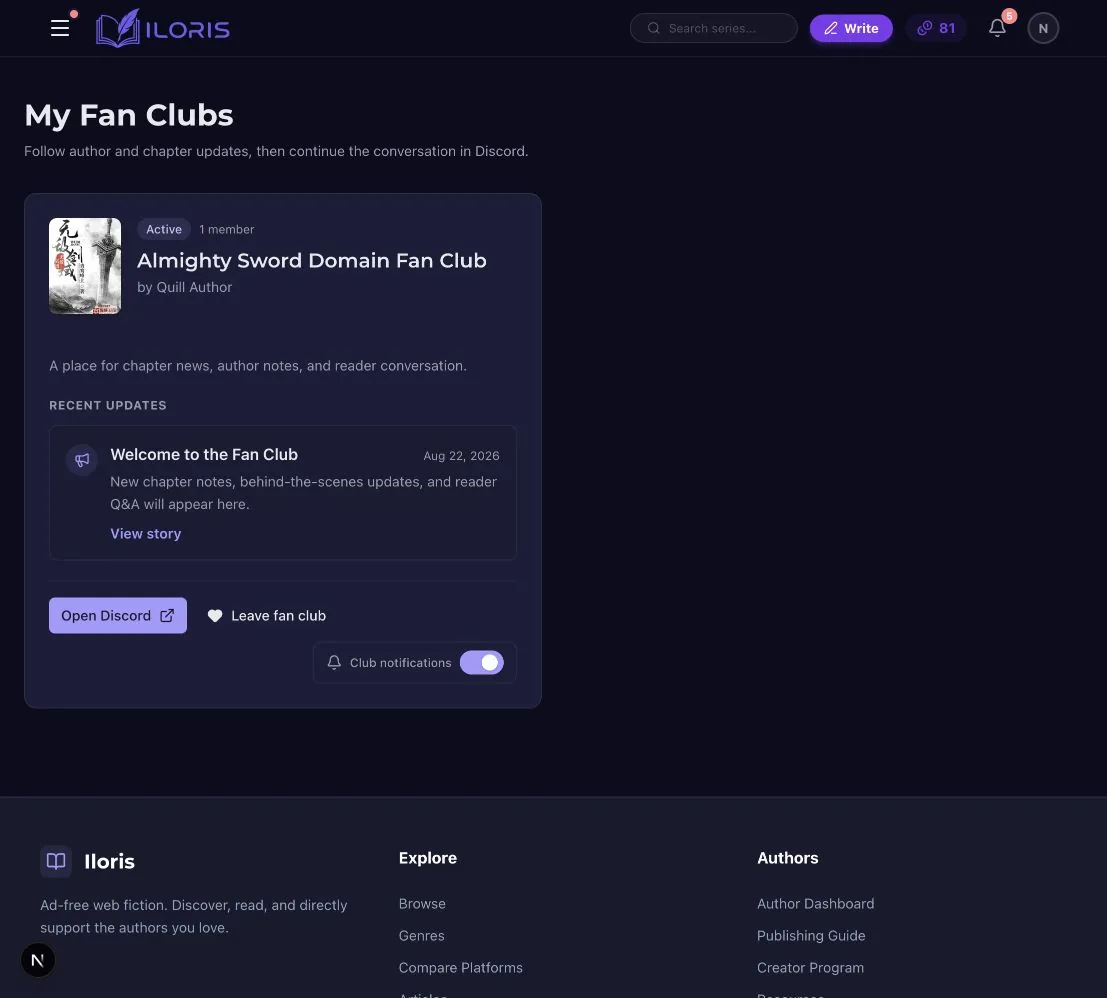 A reader's My Fan Clubs page with a joined club and its newest update.